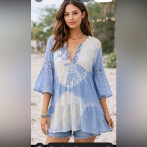 Raviya Blue Tie Dye Boho Peasant Tunic Top Lace Trim Medium